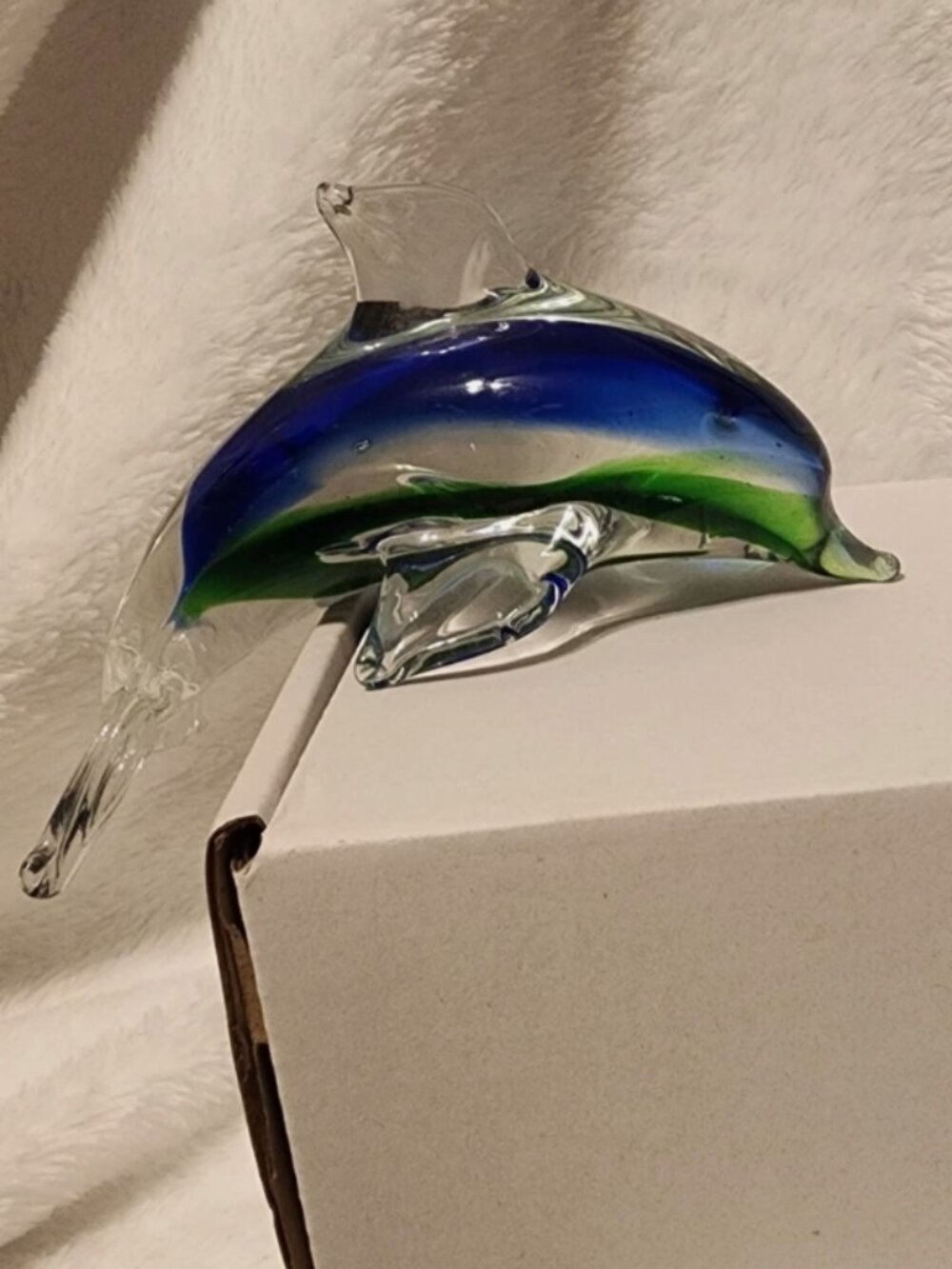 Blue Green Clear Glass Dolphin Figurine 4.25in set of 2 Murano Style